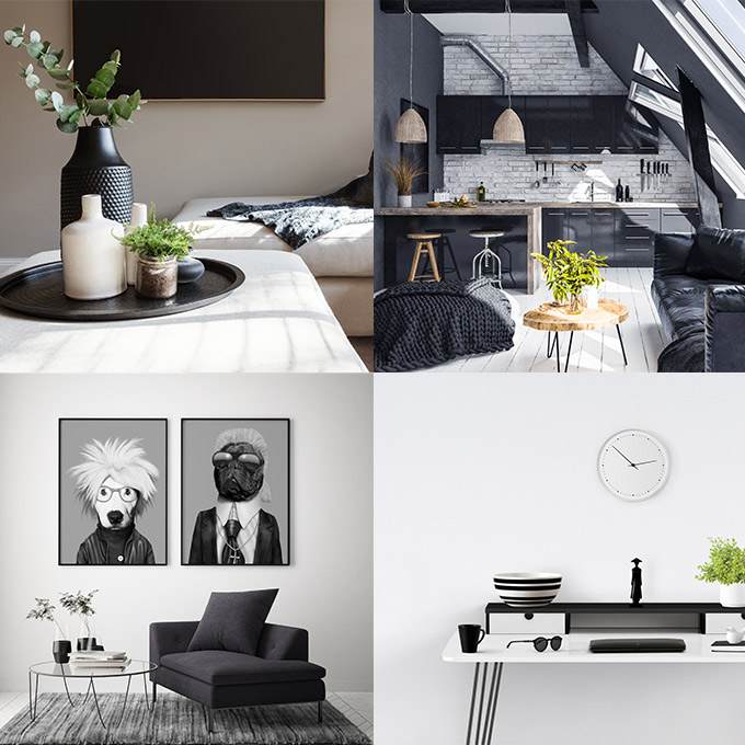 Collage aus 4 Bildern mit den Arrangements von schwarz-weißen Möbeln und Accessoires