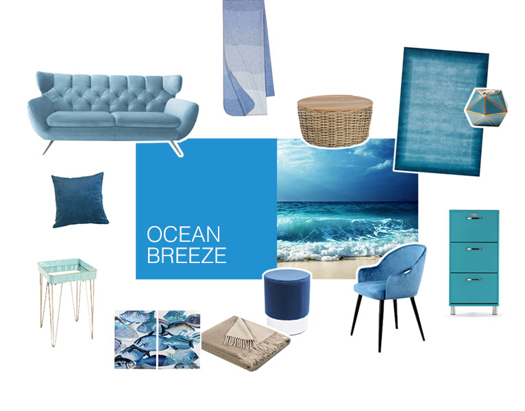 Farbwelt Ocean Breeze - Arrangement von Möbeln und Accessoires in Farbtönen von Blau, Türkis bis Sand - Foto einer ankommenden Welle und Brandung an Sandstrand