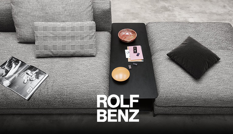 ROLF BENZ Accessoires - Zwei durch ein passendes, schwarzes Zwischentisch-Element unterbrochene graue ROLF BENZ Sofaelemente, auf denen Dekoration und Kissen zu sehen sind