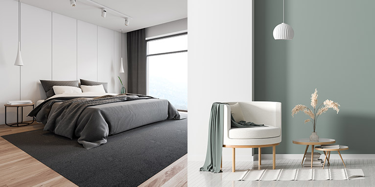Collage aus 2 Bildern mit wenigen, schlichten und farblich reduzierten Möbeln und Accessoires mit klaren Formen