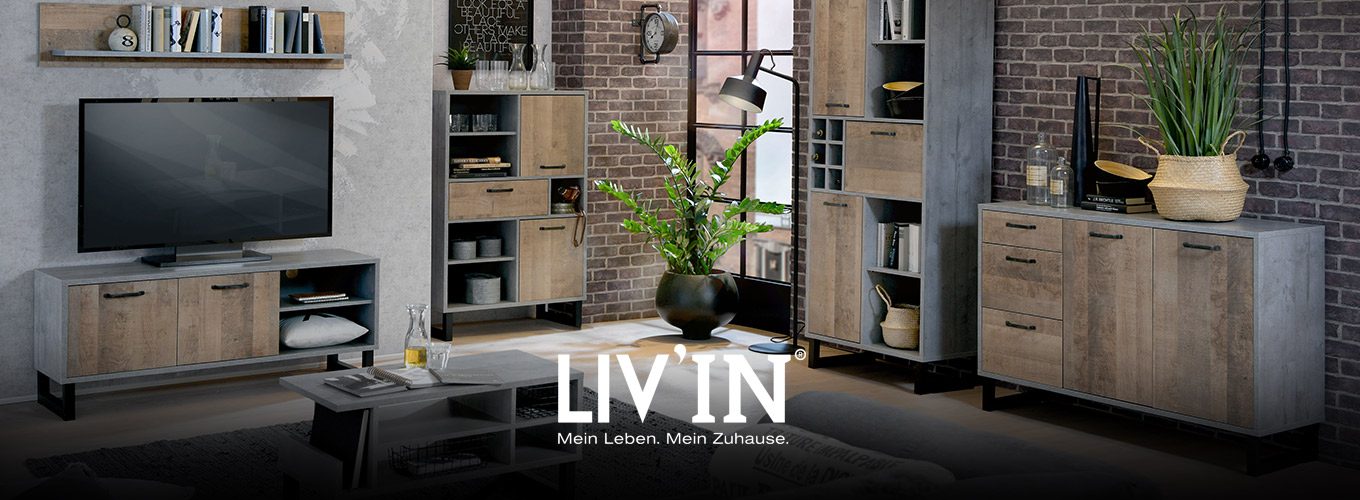 LIV’IN bei Moebel-Shop - Wohnwand im Industrial-Stil mit TV-Lowboard, Regalen, Vitrine und Sideboard in Beton- und Holzoptik. Moderne Kombination aus Stauraum und Design für das Wohnzimmer.
