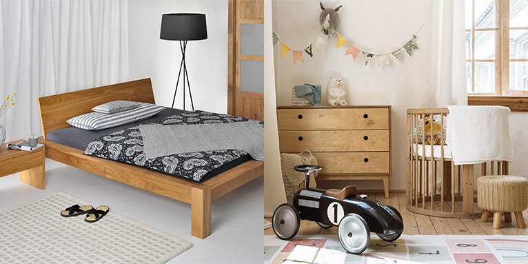 Collage aus 2 Bildern mit unterschiedlichen Holzmöbeln in Schlaf-, Wohn und Esszimmer