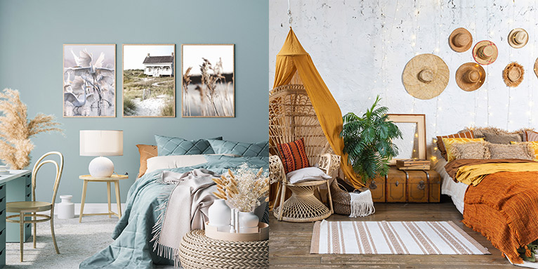 Collage aus 2 Bildern mit Raumgestaltungen im Boho Stil, helles Holz, viele creme- und pastellfarbene Wohntextilien und Makramee-Accessoires