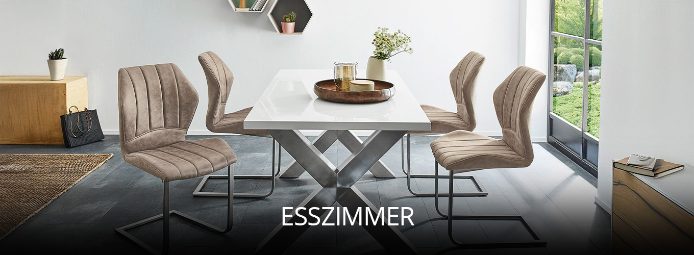Modernes Esszimmer mit weißem Tisch auf Metallgestell und sechs Polsterstühlen in Beige, große Fenster für viel Tageslicht, minimalistisches Design mit dekorativen Akzenten für stilvolles Ambiente