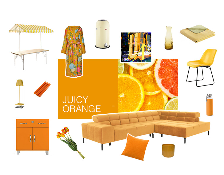 Farbwelt Juicy Orange - Arrangement von Möbeln und Accessoires in Farbtönen von Orange bis Gelb - Foto von Orangen, Limetten- und Zitronenscheiben