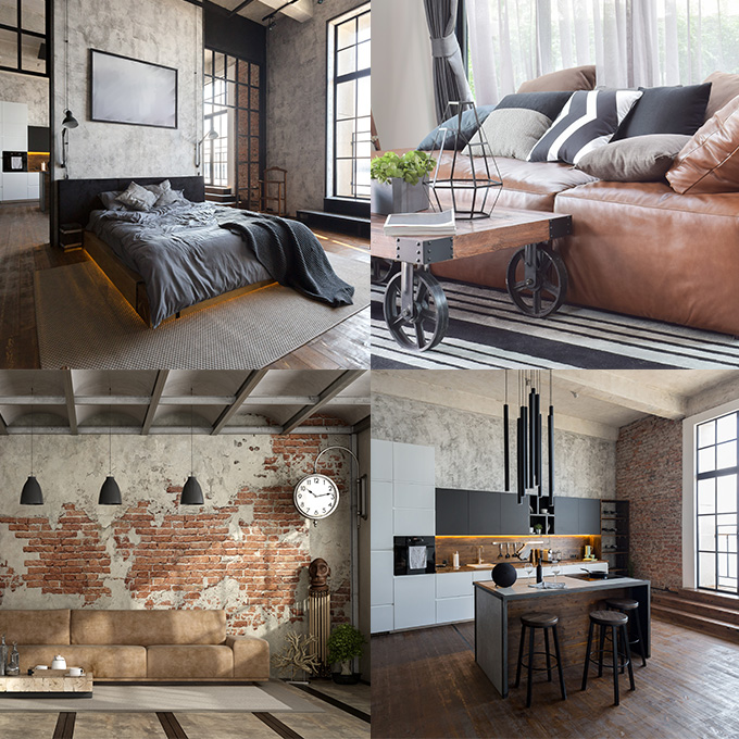 Collage aus 4 Bildern im Industrie-Look mit dunklen Möbeln und Accessoires aus Metall, Leder, Holz, Stein und Beton