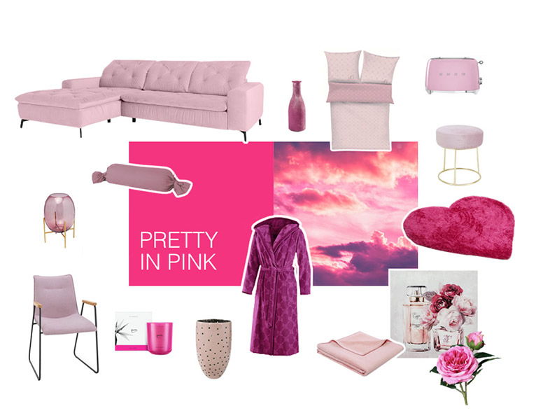 Farbwelt Pretty in Pink - Arrangement von Möbeln und Accessoires in Farbtönen von Pink bis Rosa - Foto eines pinken Himmels mit Wolken in Abendstimmung