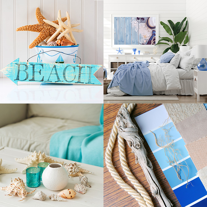Collage aus 4 Bildern mit maritimem Ambiente und Möbeln und Accessoires in unterschiedlichen Weiß- und Blautönen