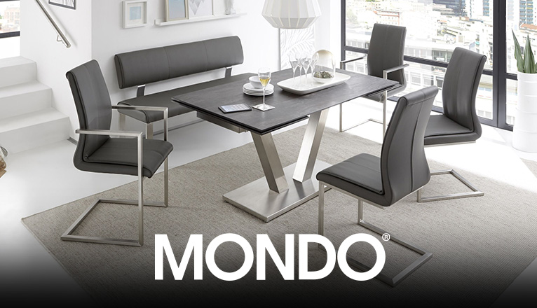 MONDO bei Moebel-Shop - Eine moderne MONDO Essgruppe mit Leder-Freischwingern, Lederbank und Esstisch, alle Möbel mit Füßen aus gebürstetem Edelstahl in hellem Esszimmerbereich