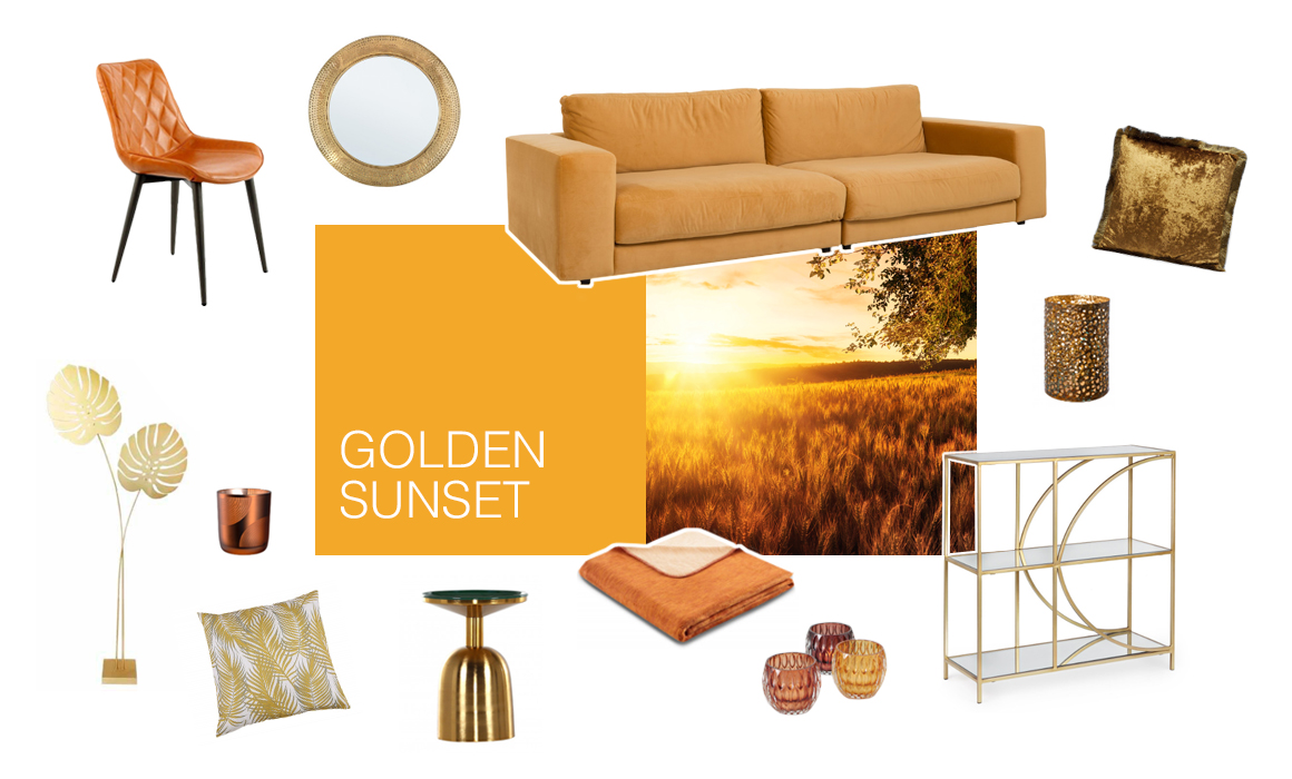 Farbwelt Golden Sunset - Arrangement von Möbeln und Accessoires in Farbtönen von Gelb bis Braun - Foto eines Kornfelds im Gegenlicht bei Sonnenuntergang