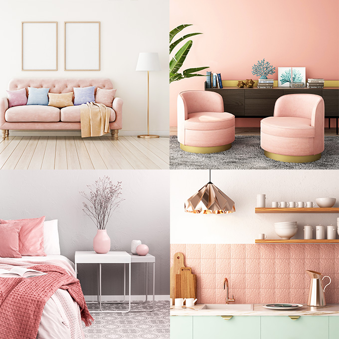 Collage aus 4 Bildern mit zwei rosafarbenen Möbeln und pastellfarbenen Accessoires