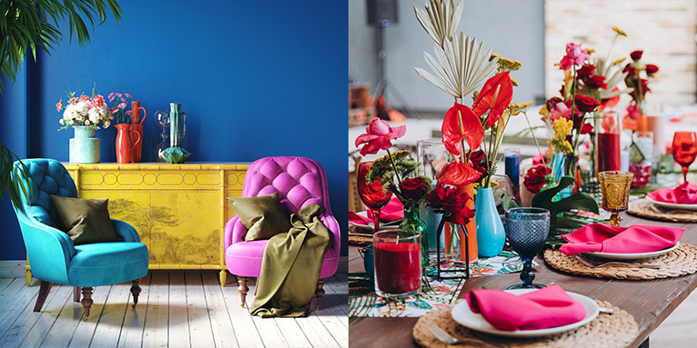 Collage aus 2 Bildern mit vielen Möbeln und Accessoires in kräftigen, bunten Farben