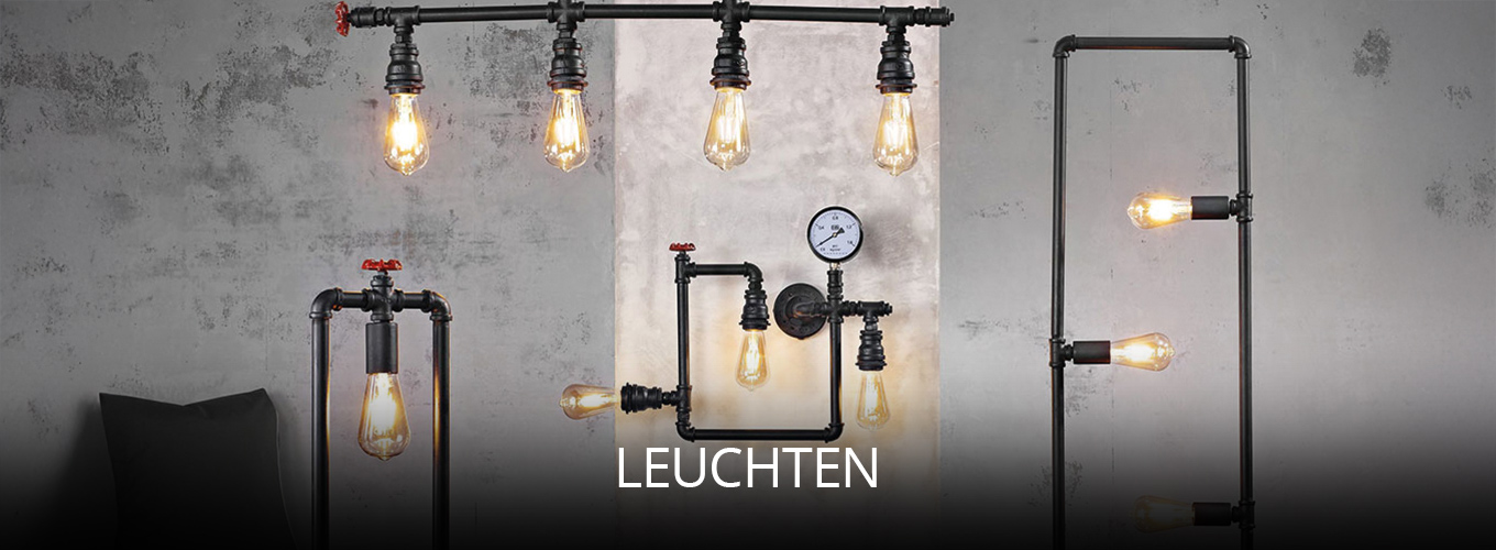 Industriell gestaltete Lampen und Leuchten aus schwarzen Rohrelementen mit sichtbaren Glühbirnen, die warmes Licht spenden und eine markante, stilvolle Atmosphäre im Raum schaffen