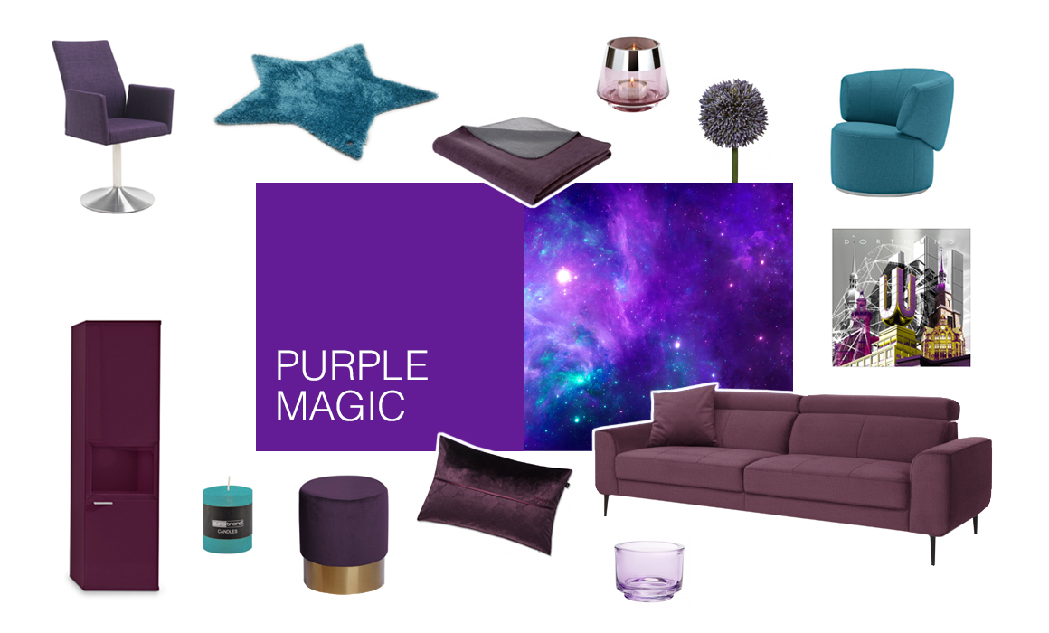 Farbwelt Purple Magic - Arrangement von Möbeln und Accessoires in Farbtönen von Lila bis Türkis - Foto einer Galaxie in Lila und Türkis