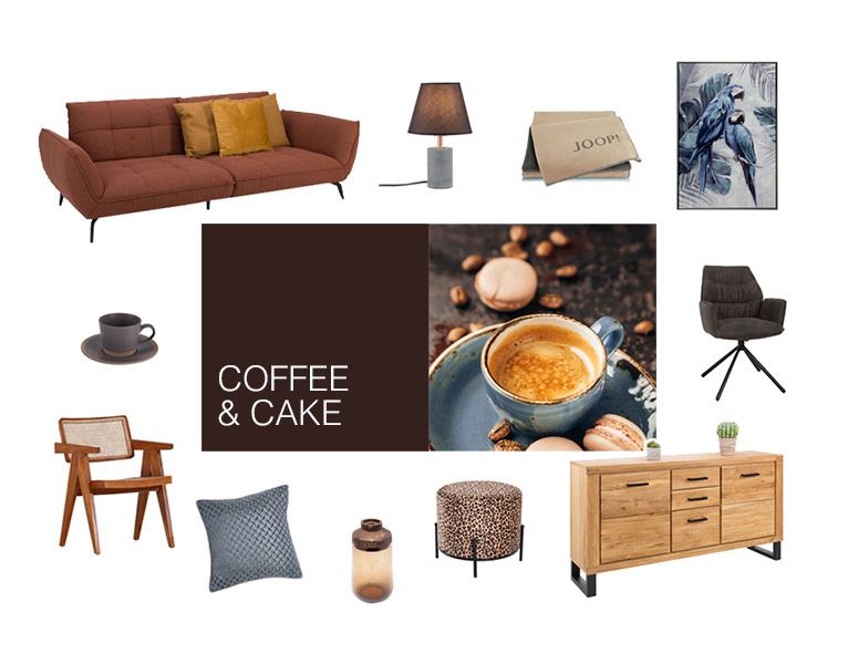 Farbwelt Coffee & Cake - Arrangement von Möbeln und Accessoires in Farbtönen von Braun bis Blau - Foto einer blauen Kaffeetasse mit Untertasse und Cafe Crema, beigefarbene Macarons und Kaffeebohnen liegen daneben