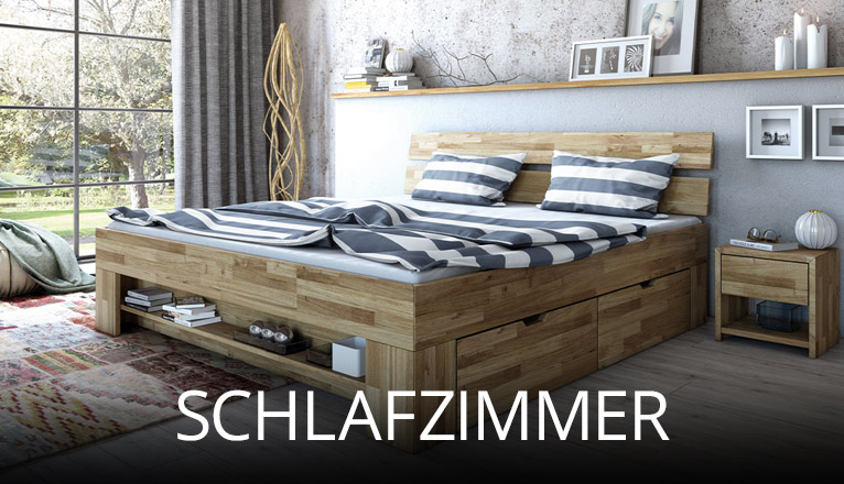 Modernes Schlafzimmer mit massivem Holzbett und Stauraum, abgestimmtem Nachttisch, großem Fenster für Tageslicht und gemütlicher Atmosphäre, kombiniert mit schlichten Dekoelementen für Ruhe und Komfort