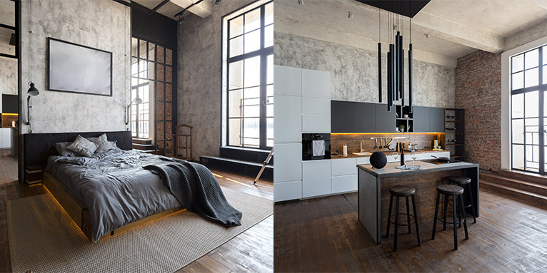 Collage aus 2 Bildern im Industrie-Look mit dunklen Möbeln und Accessoires aus Metall, Leder, Holz, Stein und Beton
