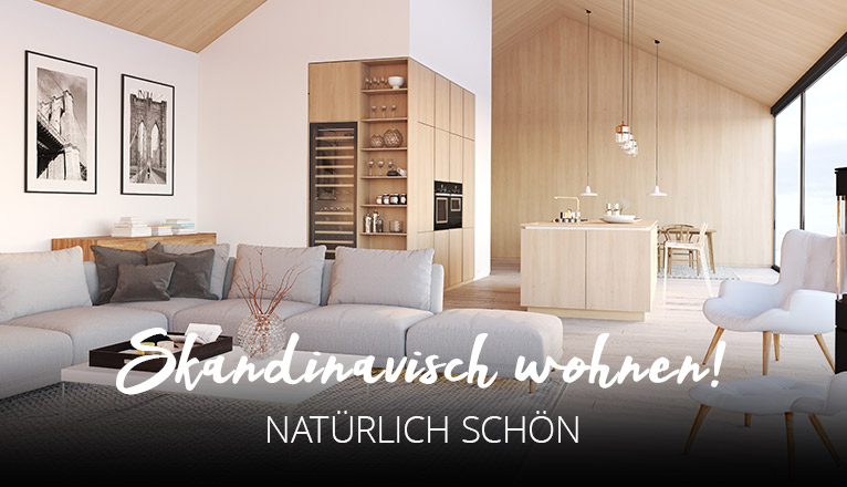 Skandinavisch wohnen! Natürlich & schön - Ein skandinavisch anmutendes Wohn- Esszimmer mit Küche in hellem Holz, ein lodernder Kamin und große Fensterfront, die den schönen Blick auf eine schneebedeckte Landschaft im Außenbreich zulässt.