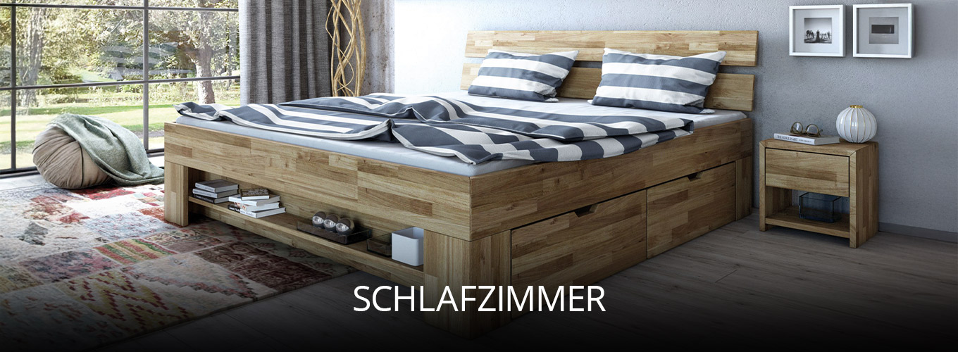 Modernes Schlafzimmer mit massivem Holzbett und Stauraum, abgestimmtem Nachttisch, großem Fenster für Tageslicht und gemütlicher Atmosphäre, kombiniert mit schlichten Dekoelementen für Ruhe und Komfort