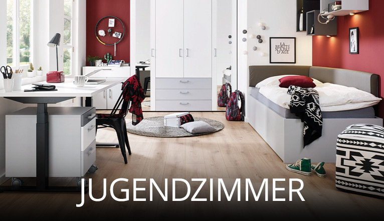 Modernes Jugendzimmer mit Schreibtisch, Kleiderschrank und gemütlichem Bett, gestaltet in Weiß mit roten Akzenten, kombiniert mit funktionaler Aufbewahrung und dekorativen Details für junge Wohnideen