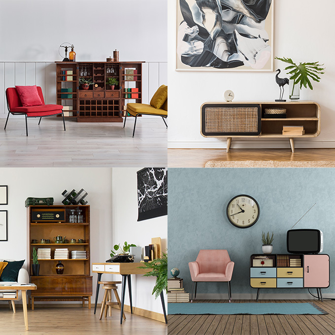 Collage aus 4 Bildern mit Vintage-Möbeln aus dunklem Holz, kombiniert mit Möbeln und Accessoires in kräftigen Farben