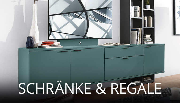 Stilvoll eingerichteter Wohnbereich mit grünem Sideboard, dekorativen Vasen, modernem Regal voller Bücher und großem Fernseher, kombiniert mit klaren Linien und minimalistischer Gestaltung