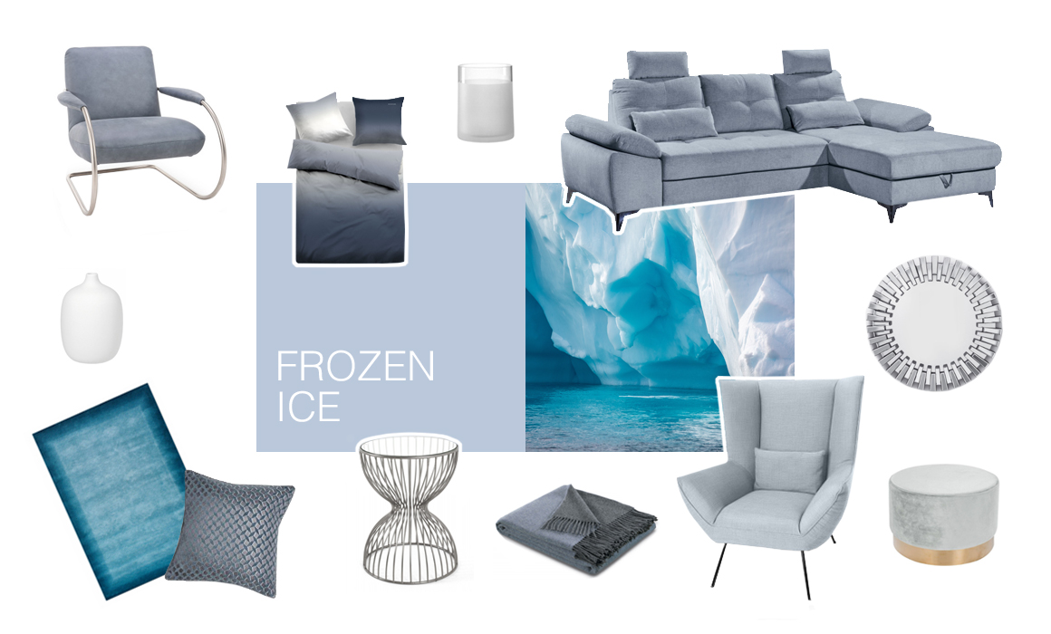 Farbwelt Frozen Ice - Arrangement von Möbeln und Accessoires in Farbtönen von Blau bis Grau - Foto eines aus blau-türkisem Wasser ragenden Eisbergs