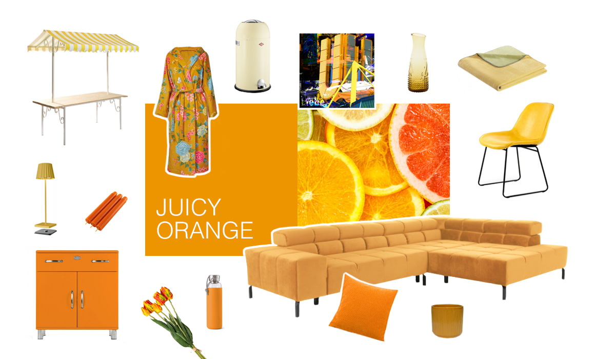 Farbwelt Juicy Orange - Arrangement von Möbeln und Accessoires in Farbtönen von Orange bis Gelb - Foto von Orangen, Limetten- und Zitronenscheiben