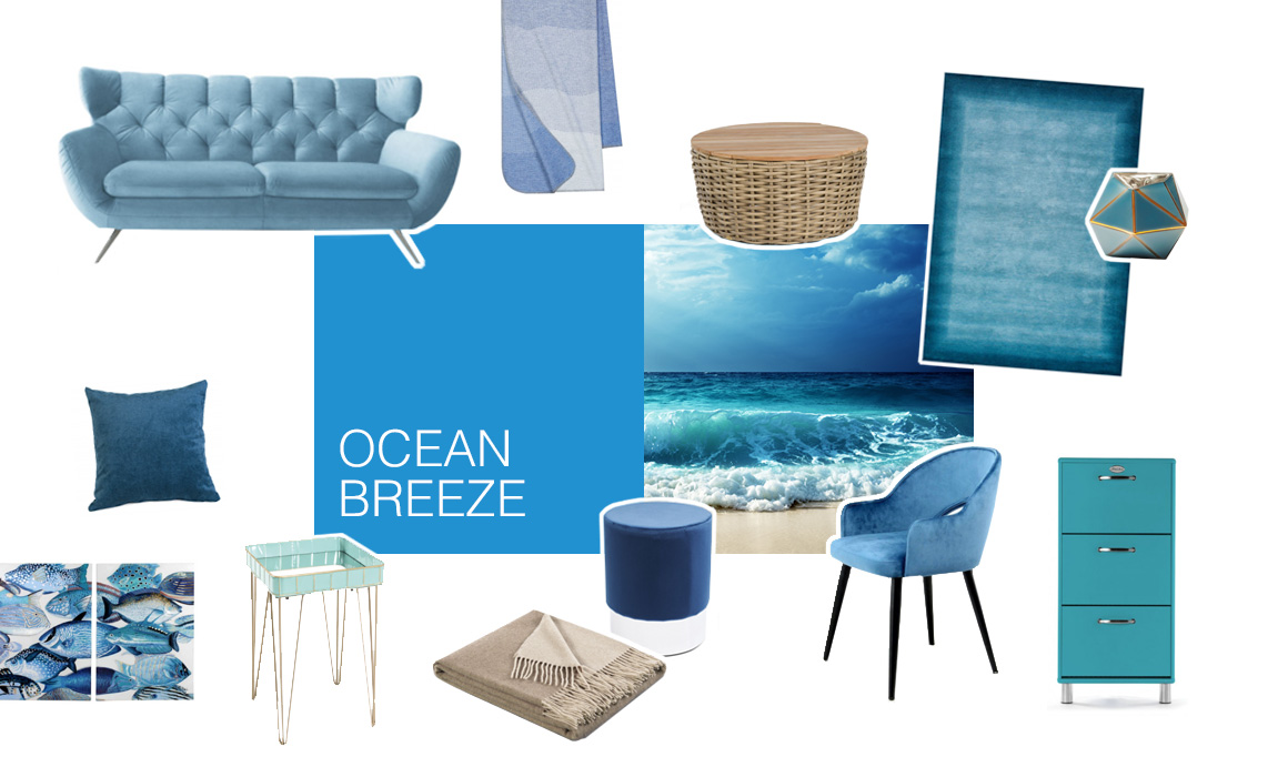 Farbwelt Ocean Breeze - Arrangement von Möbeln und Accessoires in Farbtönen von Blau, Türkis bis Sand - Foto einer ankommenden Welle und Brandung an Sandstrand
