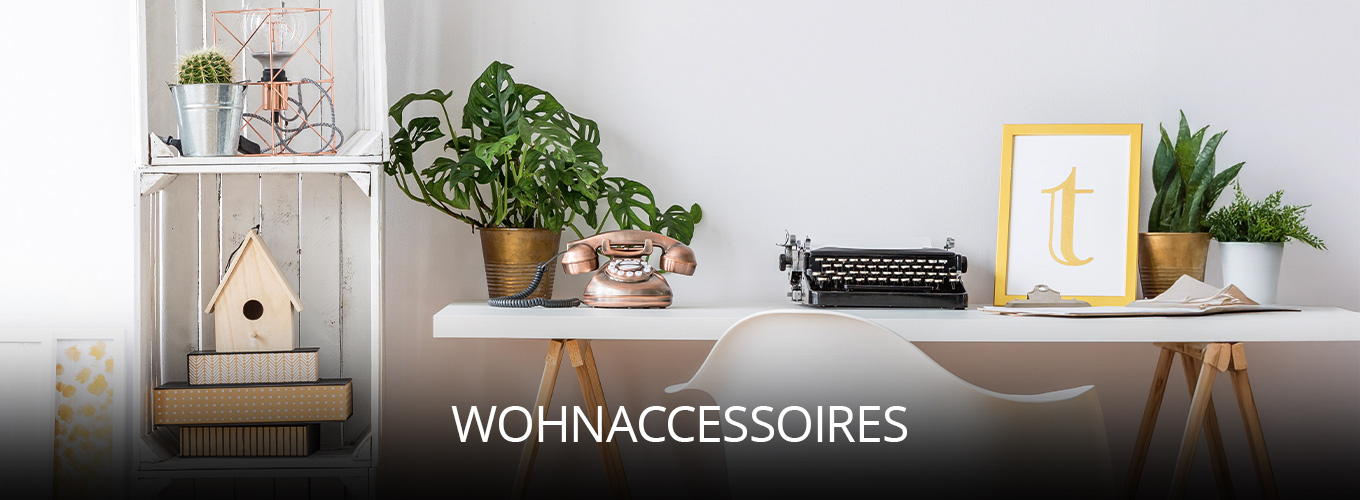 Stilvoll dekorierter Arbeitsplatz mit weißen Möbeln, Pflanzen, Retro-Telefon, Schreibmaschine und Bilderrahmen, ergänzt durch kreative Wohnaccessoires für ein individuelles und gemütliches Ambiente