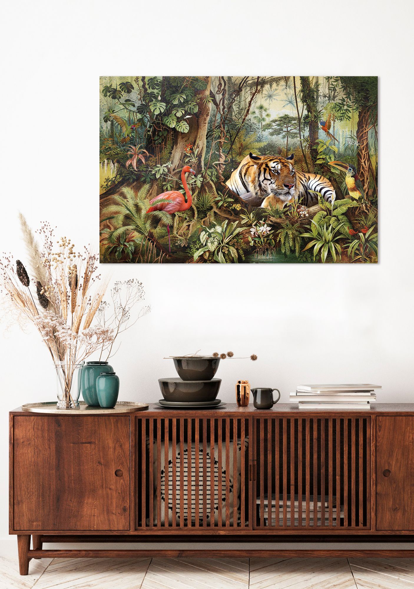 Glasbild FLAMINGO TRIFFT TIGER