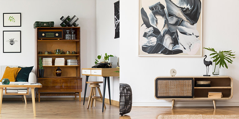 Collage aus 2 Bildern mit Vintage-Möbeln aus dunklem Holz, kombiniert mit Möbeln und Accessoires in kräftigen Farben