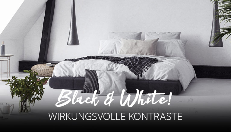 Black & White - Wirkungsvolle Kontraste - Modernes Schlafzimmer mit bodentiefem schwarzen Bett Schwarz-Weiß gehaltenen Dekorations-Elementen und dunkelgrünen Pflanzen