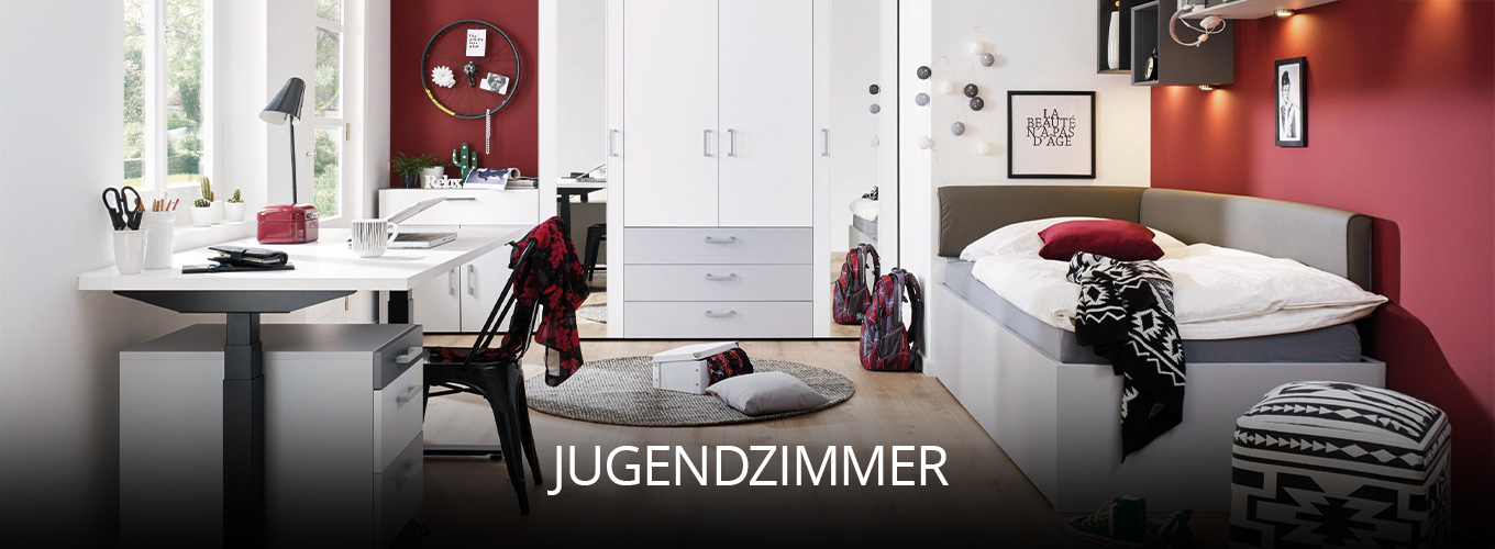 Modernes Jugendzimmer mit Schreibtisch, Kleiderschrank und gemütlichem Bett, gestaltet in Weiß mit roten Akzenten, kombiniert mit funktionaler Aufbewahrung und dekorativen Details für junge Wohnideen