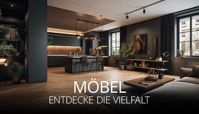 Eleganter Wohnraum mit dunklen Möbeln, großzügiger Kücheninsel, stilvoller Beleuchtung und dekorativen Pflanzen, kombiniert mit warmem Holzfußboden und großen Fenstern für ein edles Ambiente