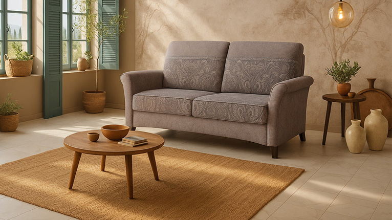 Jetzt Bassetti Sofas entdecken! - Ein Bassetti Sofa in Erdtönen mit dezentem Muster steht in einem itlienischen Ambiente mit bräunlicher Betonwand und Sprossenfenstern mit Fensterläden in Agavengrün