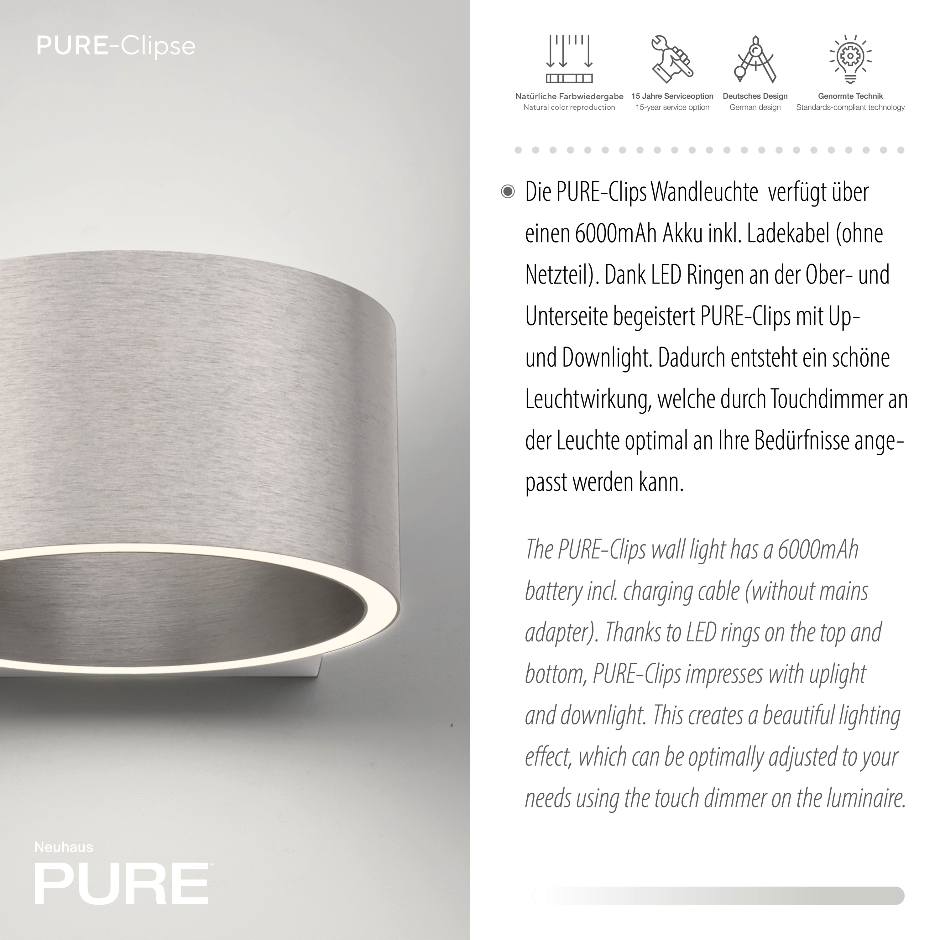 Wandleuchte PURE AKKU CLIPSE