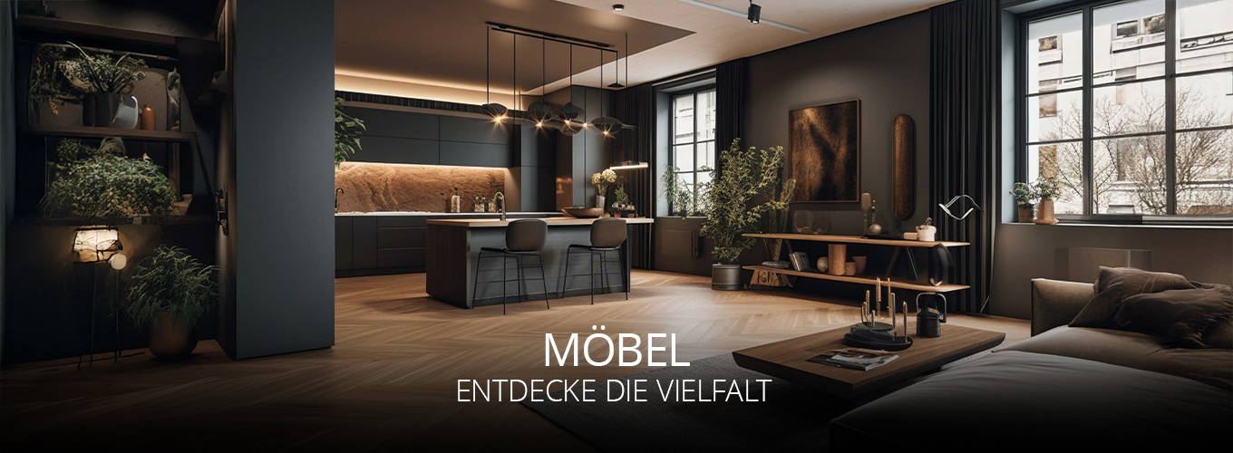 Eleganter Wohnraum mit dunklen Möbeln, großzügiger Kücheninsel, stilvoller Beleuchtung und dekorativen Pflanzen, kombiniert mit warmem Holzfußboden und großen Fenstern für ein edles Ambiente