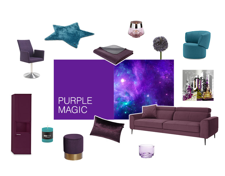 Farbwelt Purple Magic - Arrangement von Möbeln und Accessoires in Farbtönen von Lila bis Türkis - Foto einer Galaxie in Lila und Türkis