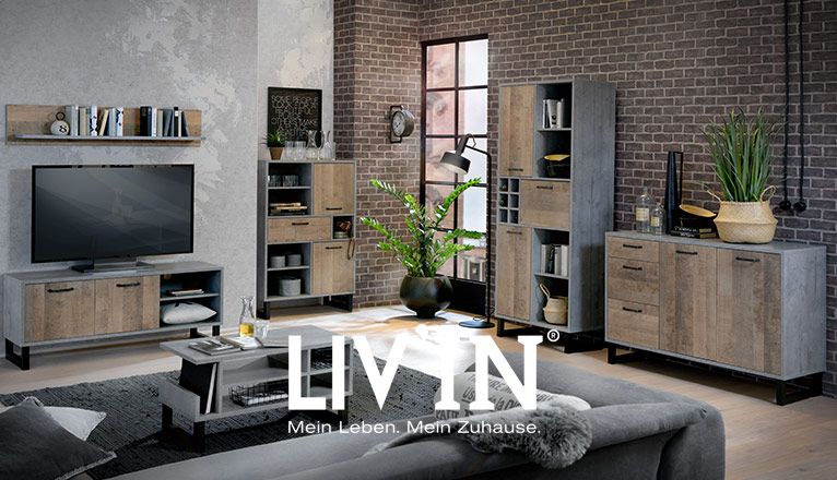 LIV’IN bei Moebel-Shop - Wohnwand im Industrial-Stil mit TV-Lowboard, Regalen, Vitrine und Sideboard in Beton- und Holzoptik. Moderne Kombination aus Stauraum und Design für das Wohnzimmer.