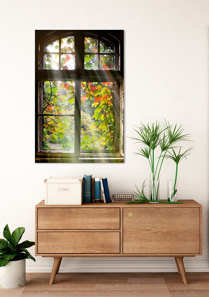 Glasbild FENSTER MIT LAUB