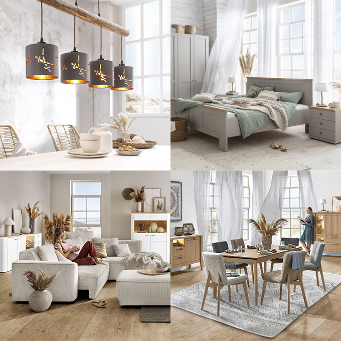 Collage aus 4 Bildern mit hellen Möbeln und Accessoires in Landhaus-Optik, Holz und natürliche Accessoires stehen dabei im Fokus