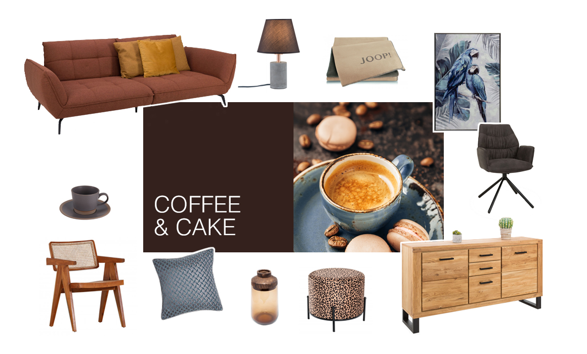 Farbwelt Coffee & Cake - Arrangement von Möbeln und Accessoires in Farbtönen von Braun bis Blau - Foto einer blauen Kaffeetasse mit Untertasse und Cafe Crema, beigefarbene Macarons und Kaffeebohnen liegen daneben