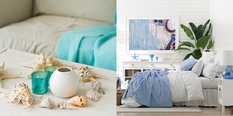 Collage aus 2 Bildern mit maritimem Ambiente und Möbeln und Accessoires in unterschiedlichen Weiß- und Blautönen