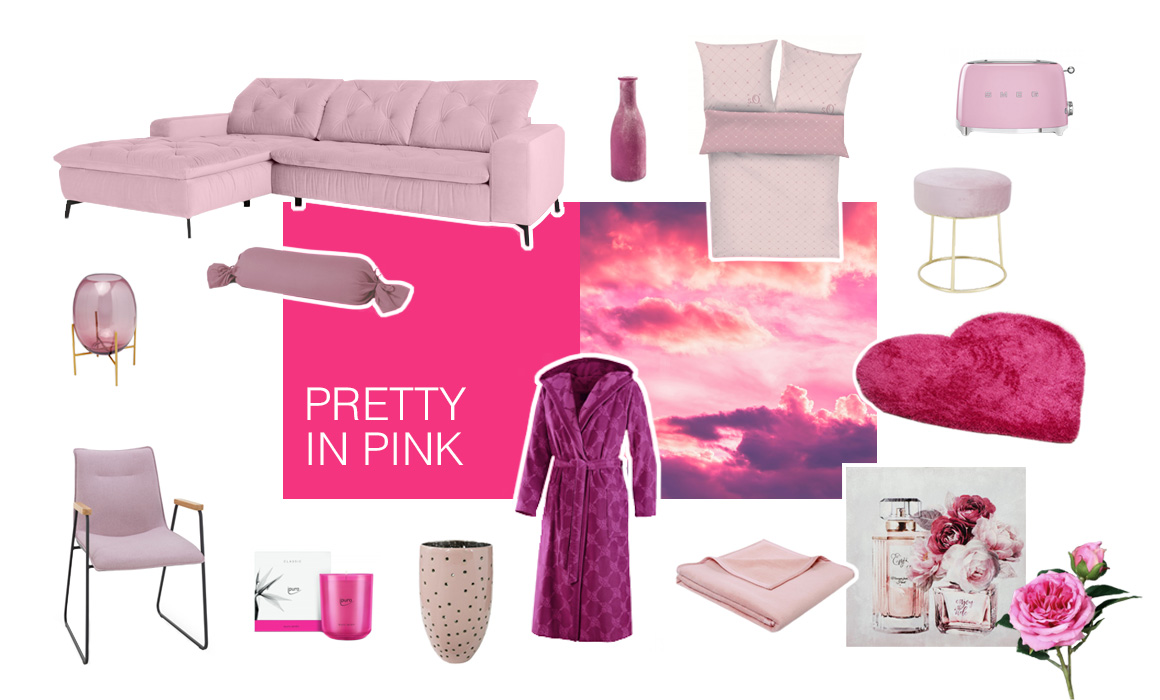 Farbwelt Pretty in Pink - Arrangement von Möbeln und Accessoires in Farbtönen von Pink bis Rosa - Foto eines pinken Himmels mit Wolken in Abendstimmung