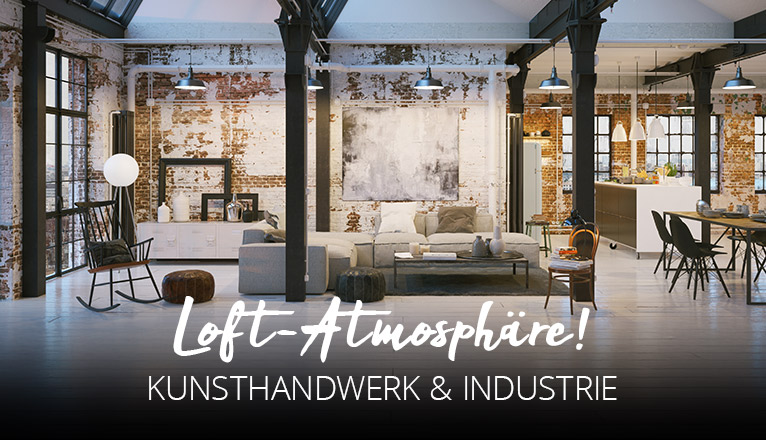 Loft-Atmosphäre - Kunsthandwerk & Industrie - Loft Ambiente mit gob verputzter Backstein-Mauer, anthrazitfarbenen Stahlstützen, die den Raum in Wohn- Ess- und Küchenbereich gliedern