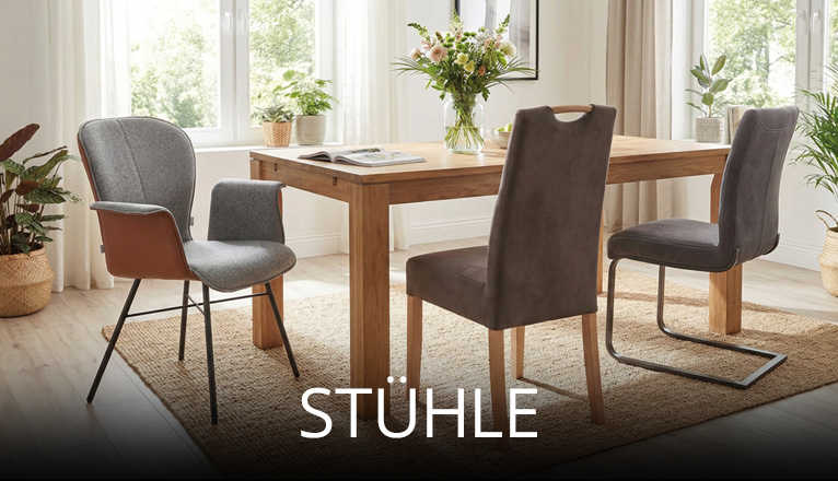Essbereich mit Massivholztisch und unterschiedlichen Polsterstühlen in modernem Design, ergänzt durch Zimmerpflanzen und helle Wohnaccessoires.
