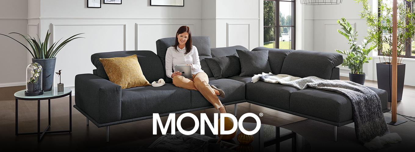 MONDO Sofas bei Moebel-Shop - Eine Frau sitzt entspannt auf einer großen, anthrazitfarbenen MONDO Polsterecke mit Metallfüßen und bedient ein iPad, in einem schönen Wohnzimmer mit gläsernem, schwarzen Couchtisch, Blumen und Bilder als Dekoration