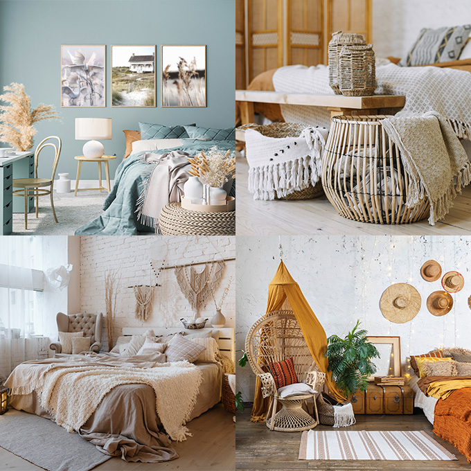 Collage aus 4 Bildern mit Raumgestaltungen im Boho Stil, helles Holz, viele creme- und pastellfarbene Wohntextilien und Makramee-Accessoires