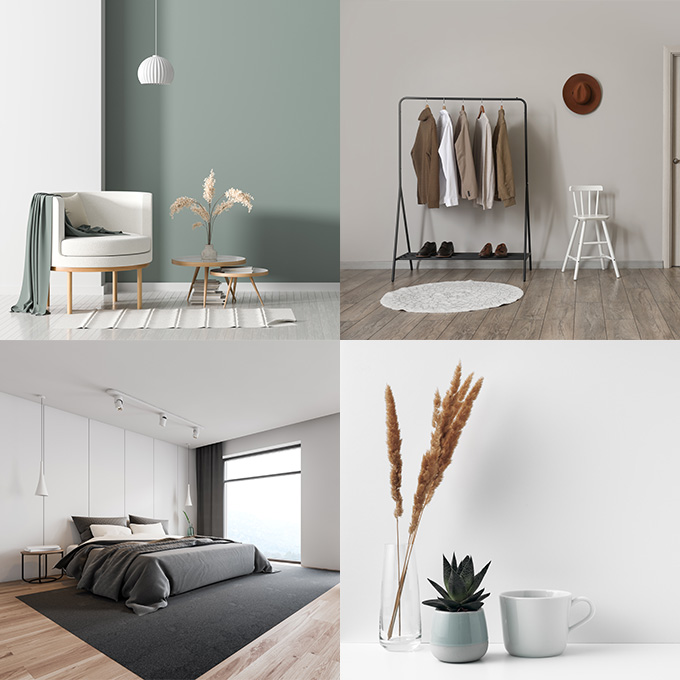 Collage aus 4 Bildern mit wenigen, schlichten und farblich reduzierten Möbeln und Accessoires mit klaren Formen